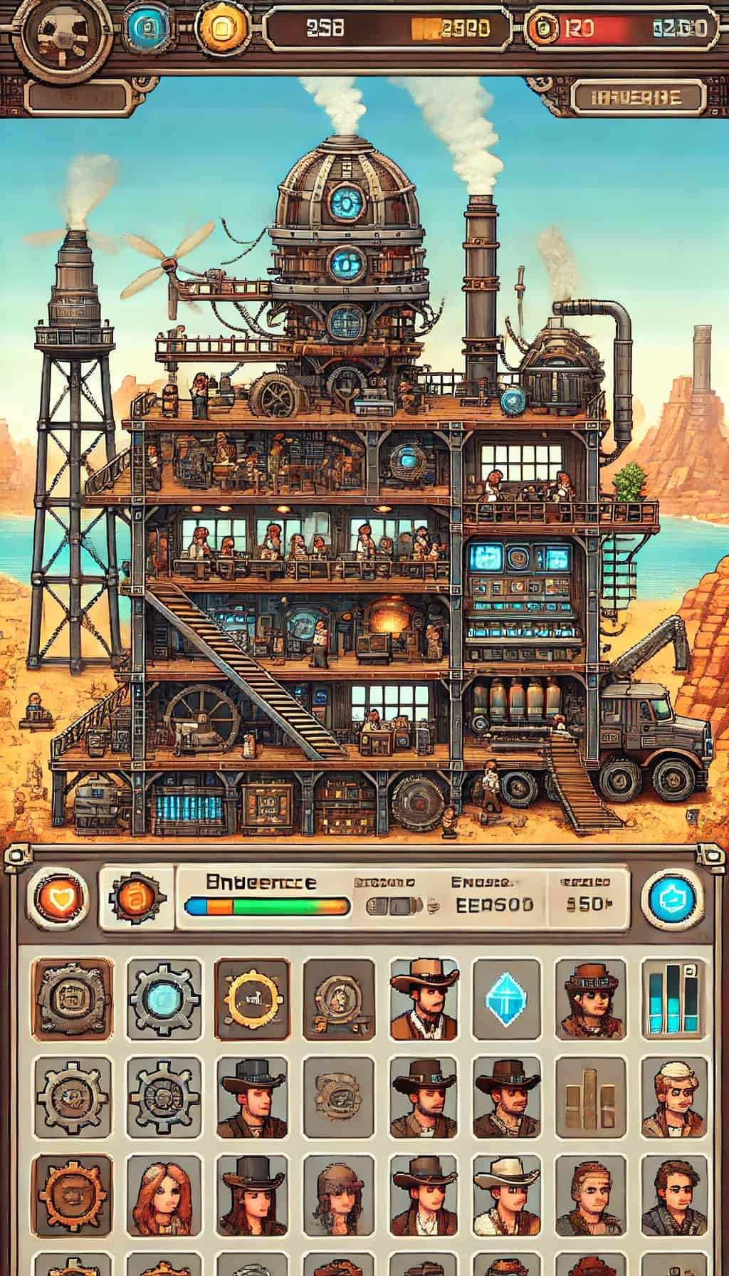 Game scene showing industrial steampunk setting with multiple levels, machinery, and characters