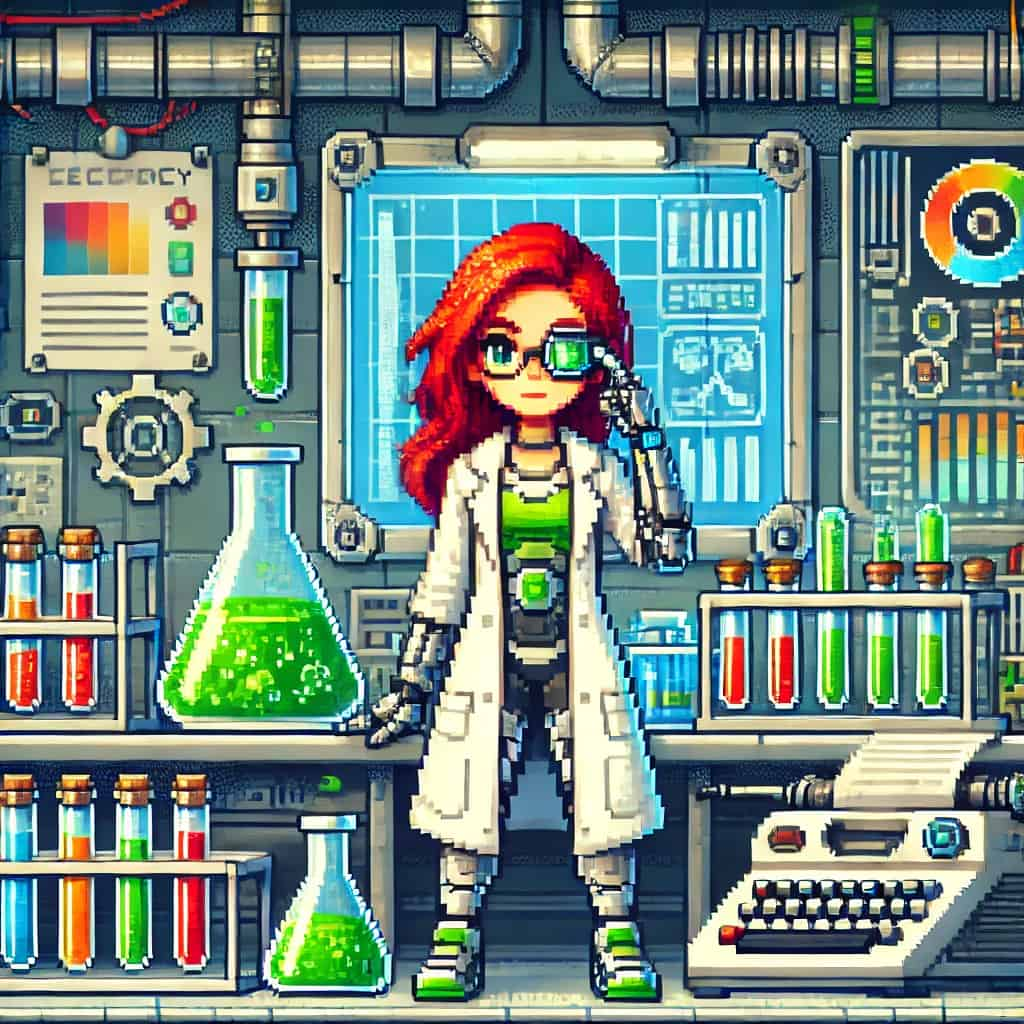 Pixel art scientist character in laboratory